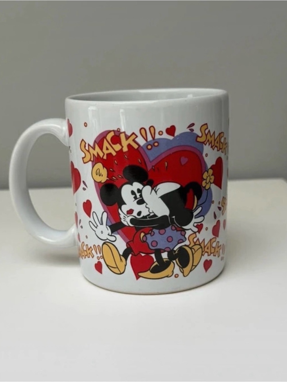 Disney Minnie & Mickey Comic Kiss Mug - White with Red, Yellow, Purple Vintage